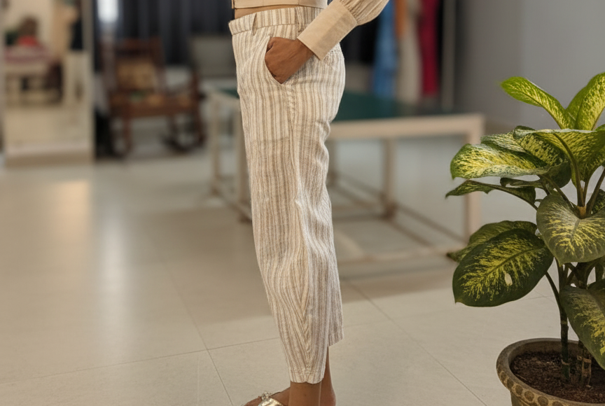 LINEN STRIPE BARREL PANTS