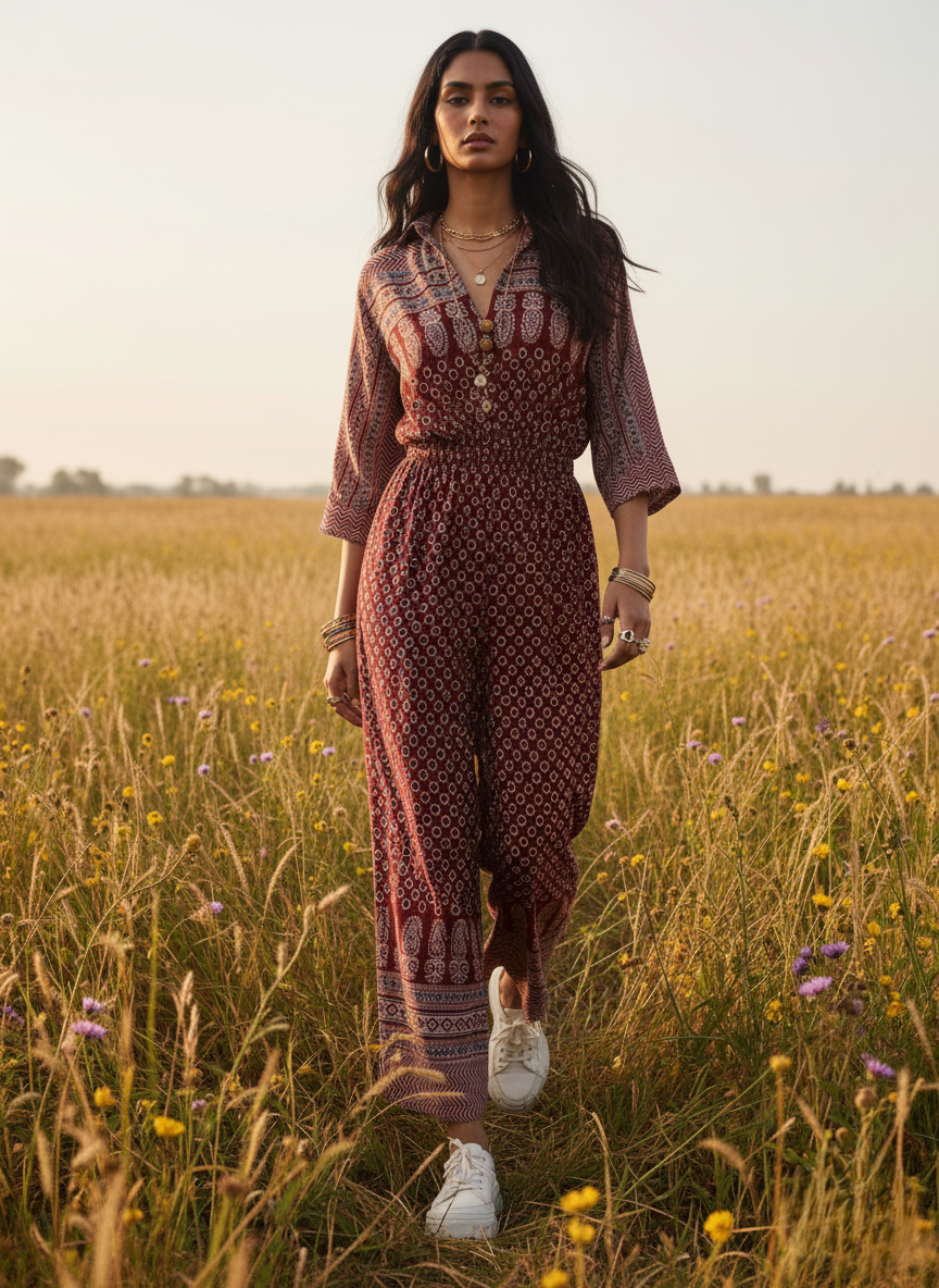 MAROON PRINTED JUMPSUIT “BOHEMIAN EDGE”