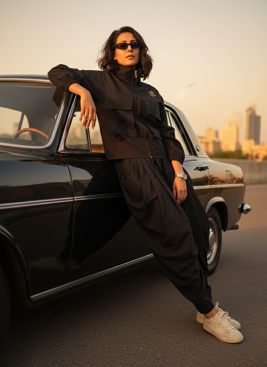 Black Draped pants & Black Shirt Jacket worn by a model, showcasing modern style in organic cotton, soft and breathable.