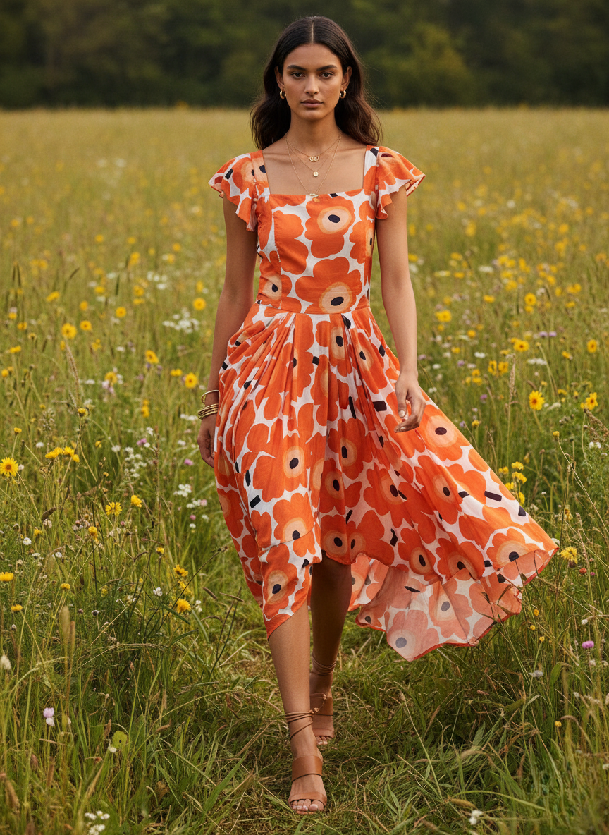 ORANGE FLORAL PRINT DRESS
