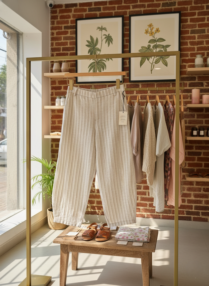 LINEN STRIPE BARREL PANTS