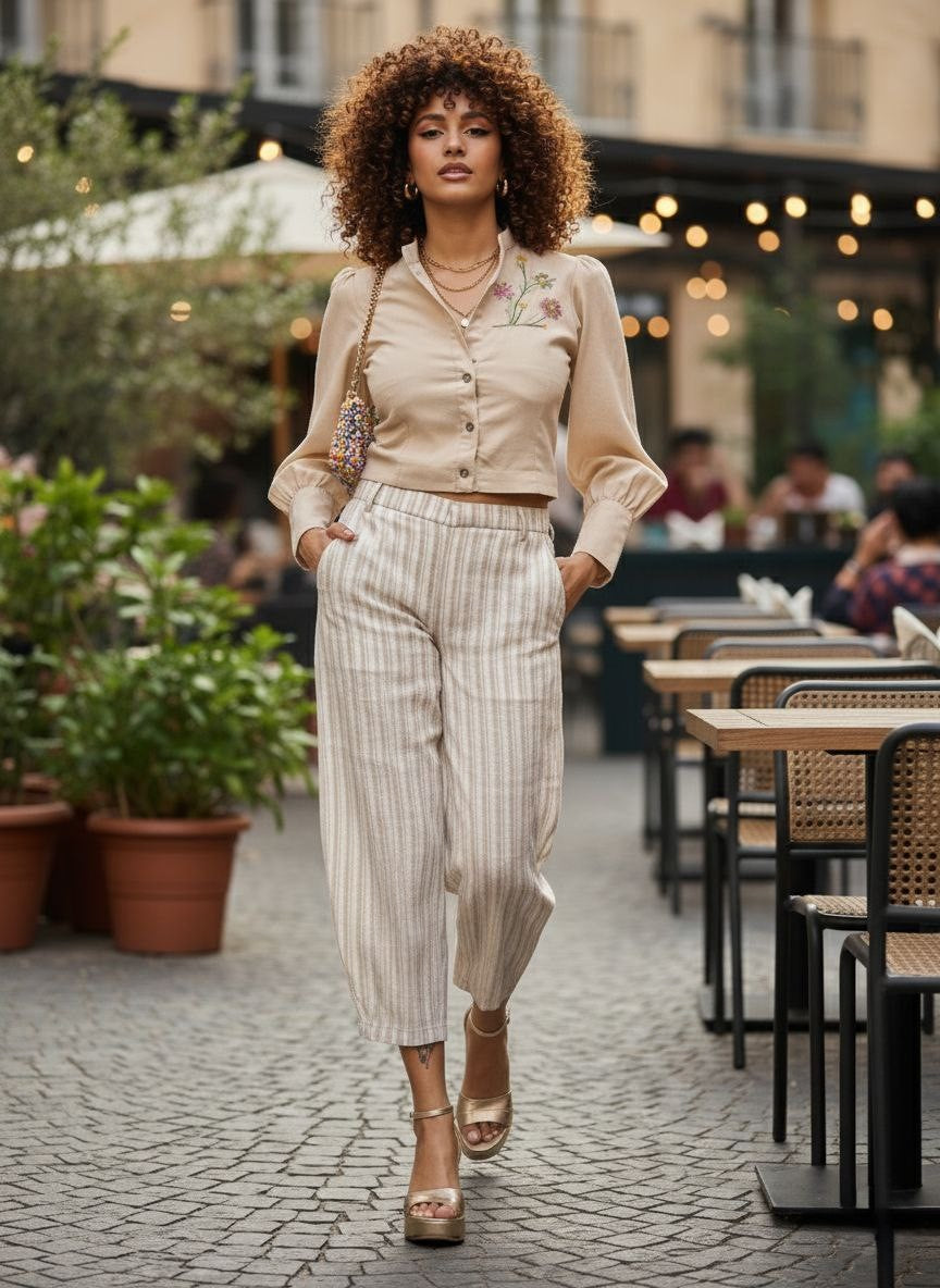 LINEN STRIPE BARREL PANTS