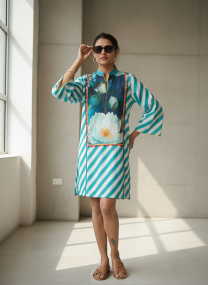 Striped AQUA Floral Shift Dress