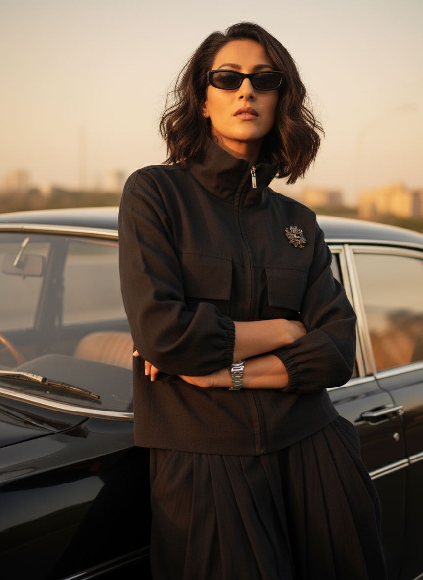 Black Draped pants & Black Shirt Jacket worn by a model, showcasing sustainable organic cotton fabric in an urban setting.