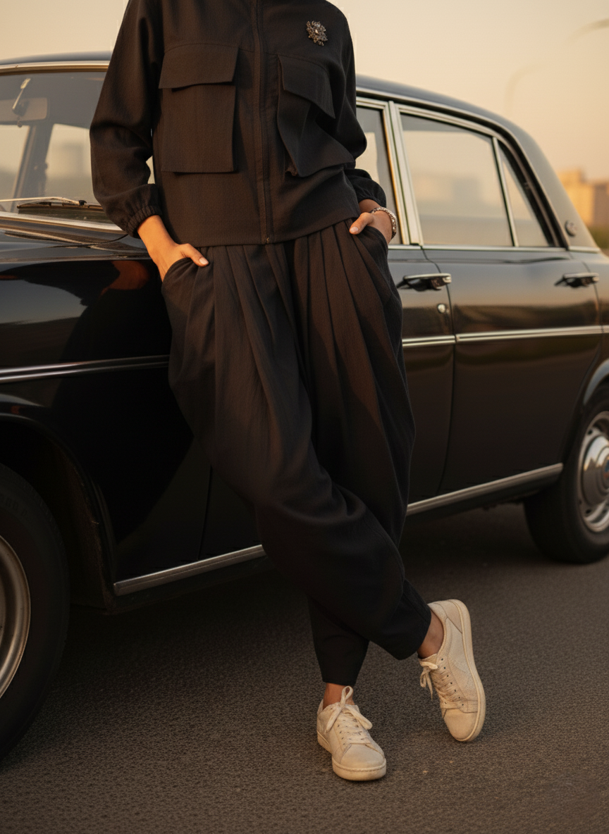 Black Draped pants & Black Shirt Jacket worn with a classic car, showcasing sustainable organic cotton style.