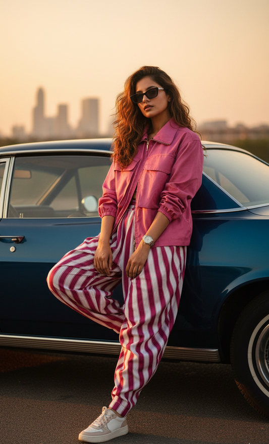 Plum draped pants & shirt jacket styled outfit on model next to vintage car, showcasing sustainable organic cotton fashion.