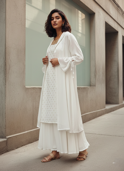 White and Gold BANARASI BUTA Kurta Set with Sheer Long Shrug