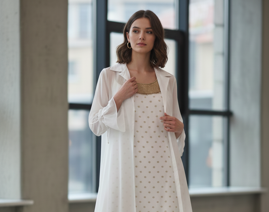 White and Gold BANARASI BUTA Kurta Set with Sheer Long Shrug