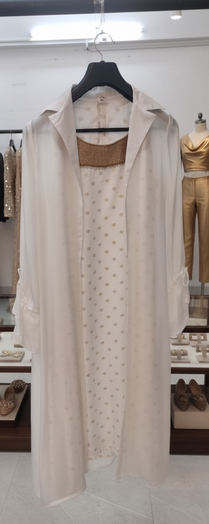 White and Gold BANARASI BUTA Kurta Set with Sheer Long Shrug