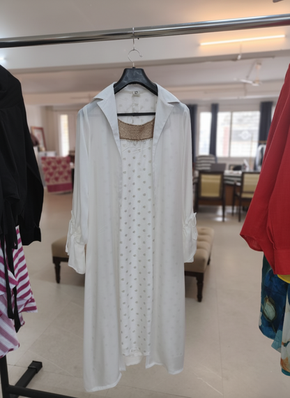 White and Gold BANARASI BUTA Kurta Set with Sheer Long Shrug